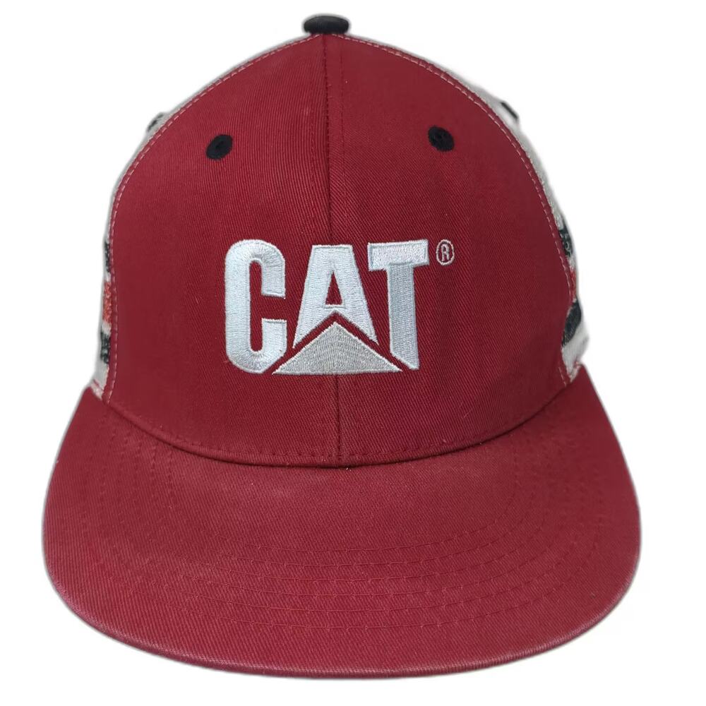 CAT Trucker Hat Red White OS Embroidered Logo Snapback Mesh Adjustable Stripe